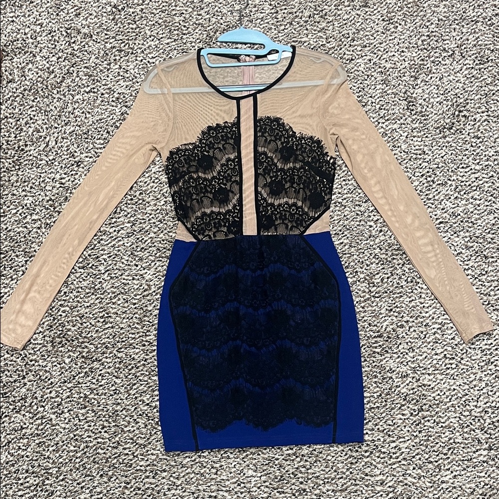 Lush Black Lace and Blue Long Sleeve Dress